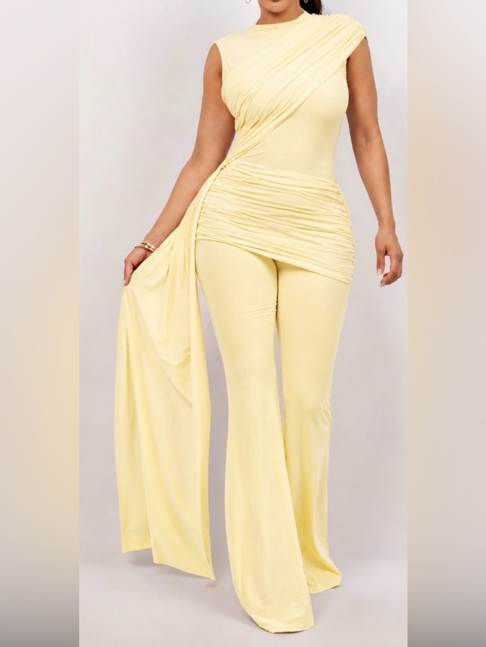 2PCs One-Shoulder Ruched Pant Set